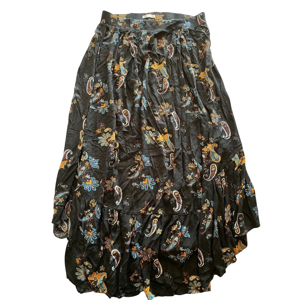 SO Black Paisley Smocked Waist Maxi Skirt XXL Boho Rayon Flowy Festival